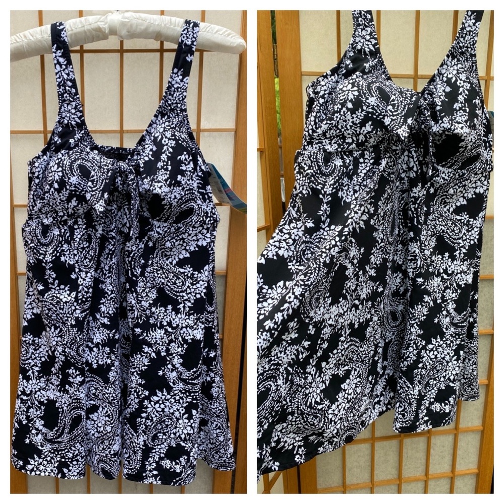 Swim Solutions Swimdress Black & White Print SZ 14 NWT Beach Pool Vacation